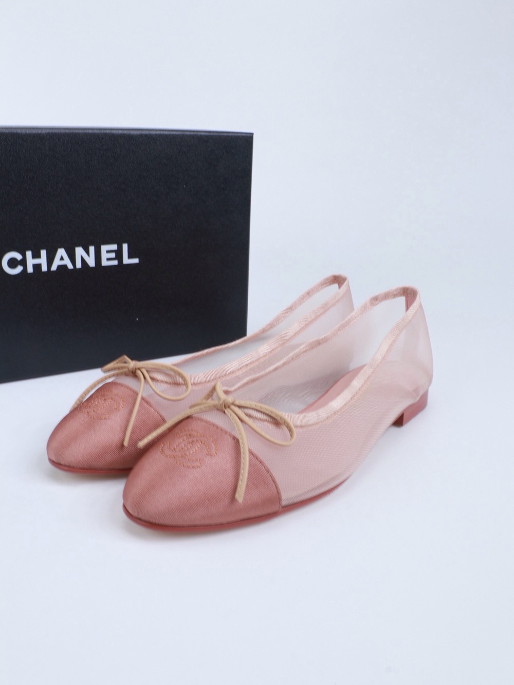 Authentic Chanel Pink Mesh Cap-Toe Ballet Flats